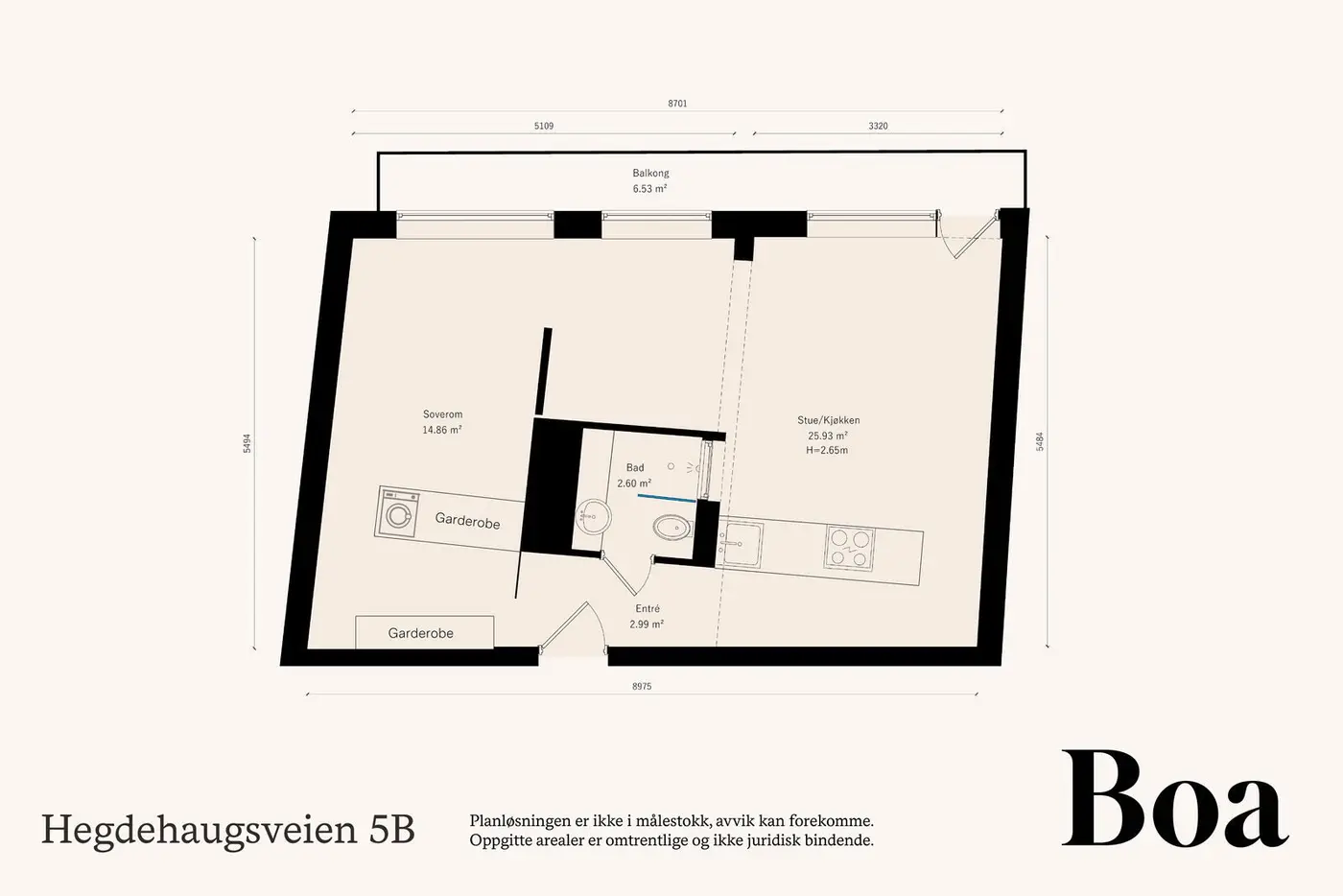 Entréen leder inn til badet, soverommet og den åpne stue- og kjøkkenløsningen med utgang til balkongen.