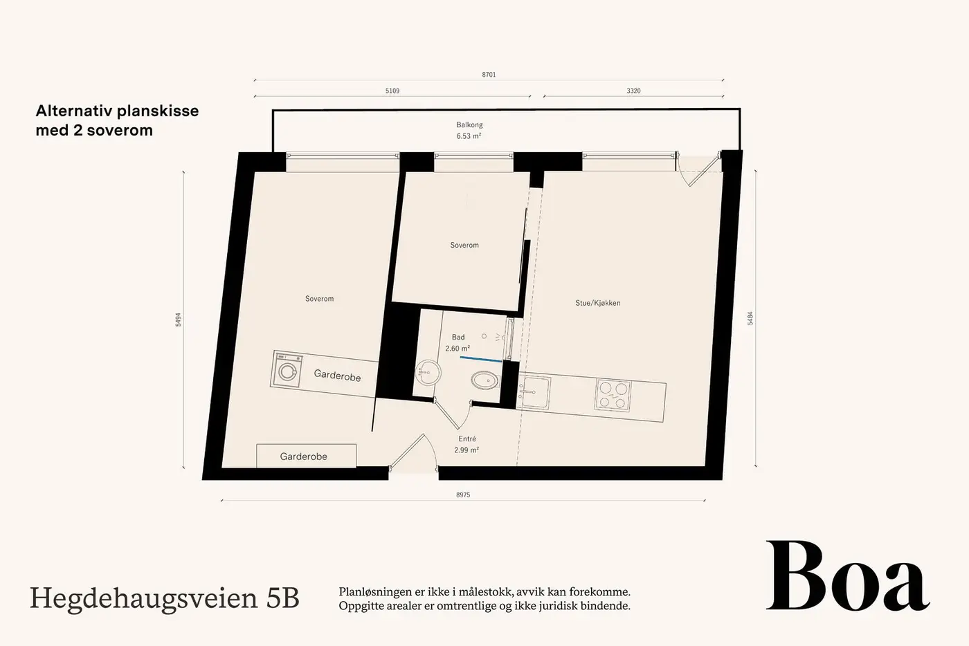Alternativ planløsning der stuen deles for å etablere et ekstra soverom.