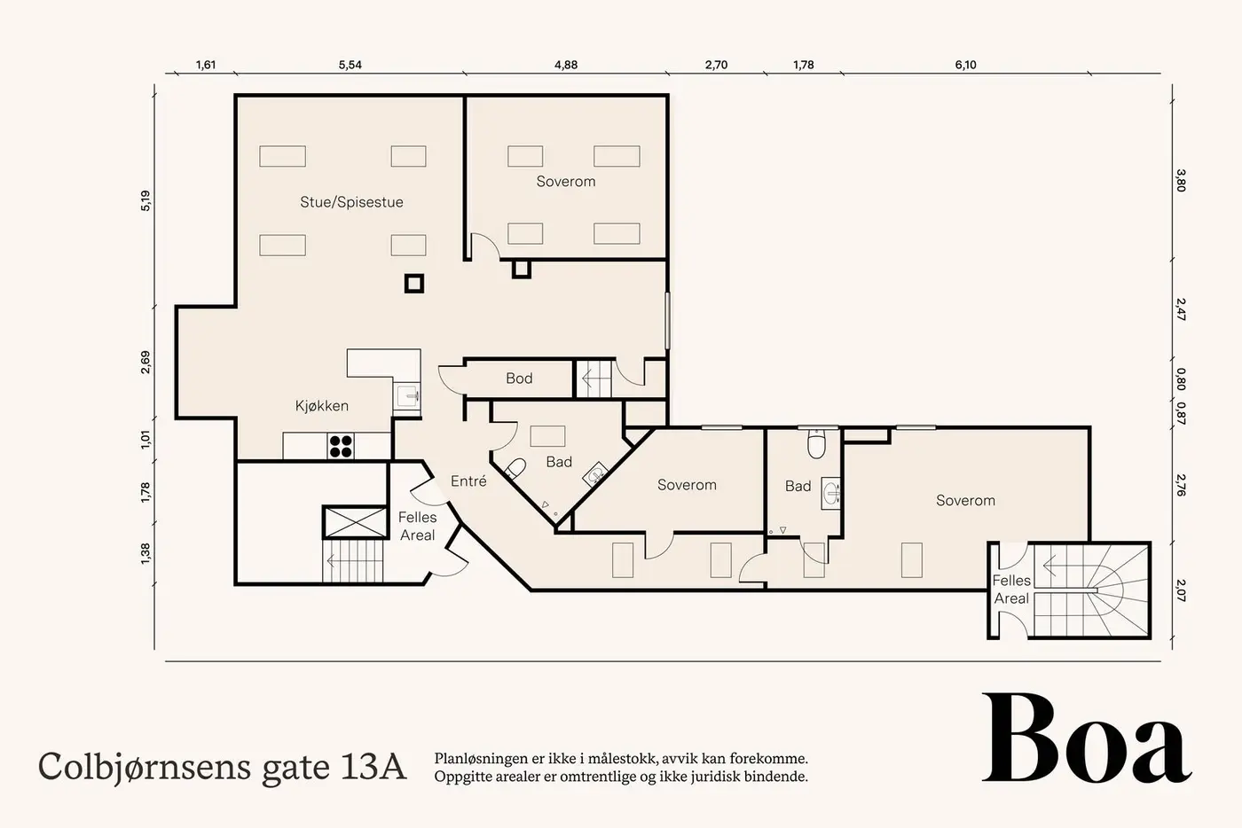 Loft: Entré, gang, tre soverom, to bad, kjøkken/spisestue/stu, TV-stue, kott, baktrapp/trapperom og utgang til takterrasse. 

Leiligheten disponerer kjellerbod.
