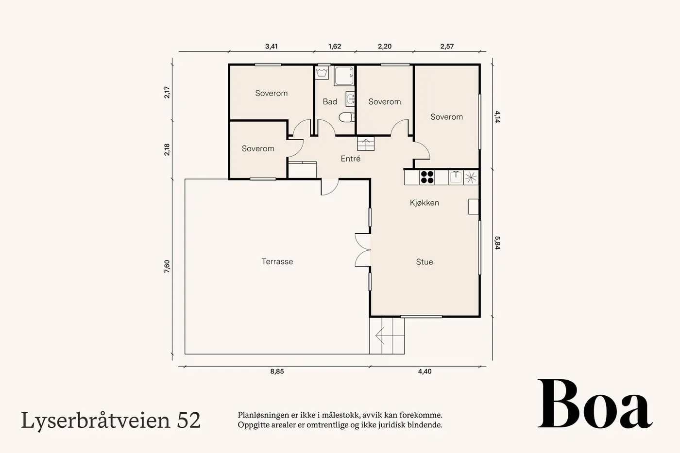 1. etasje: Entré/gang, stue/spisestue/kjøkken, dusj/wc og 4 soverom.