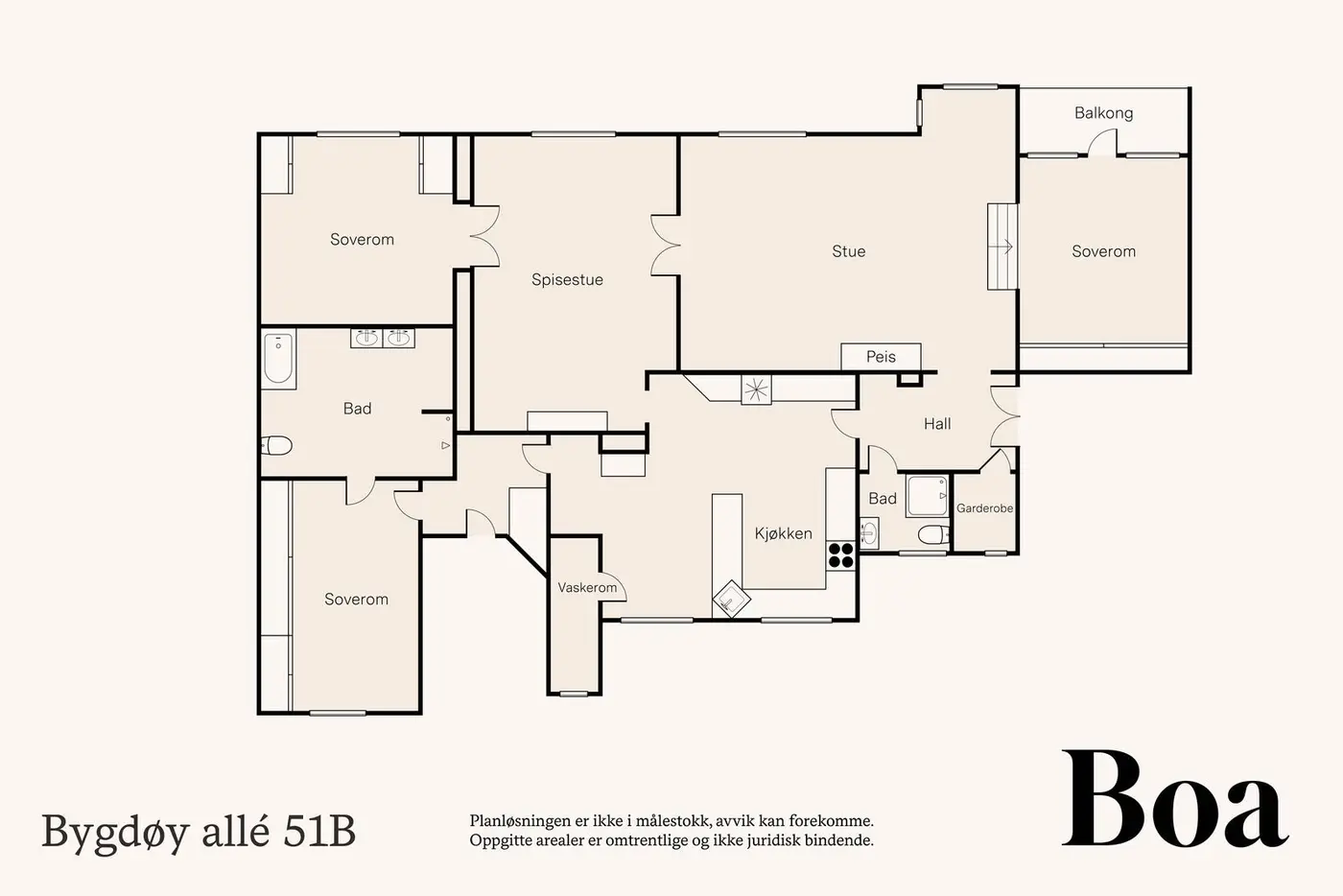 Leiligheten har en gjennomtenkt planløsning på 187 m² med entré, stue, spisestue, kjøkken, tre soverom, vaskerom, bad og hovedbad samt balkong på 4 m².
