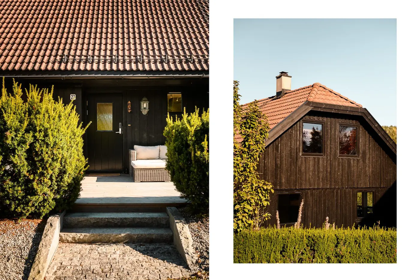 Inngangspartiet er tilknyttet en stor treterrasse, og boligen har mørkbeiset kledning og halvvalmet tak.